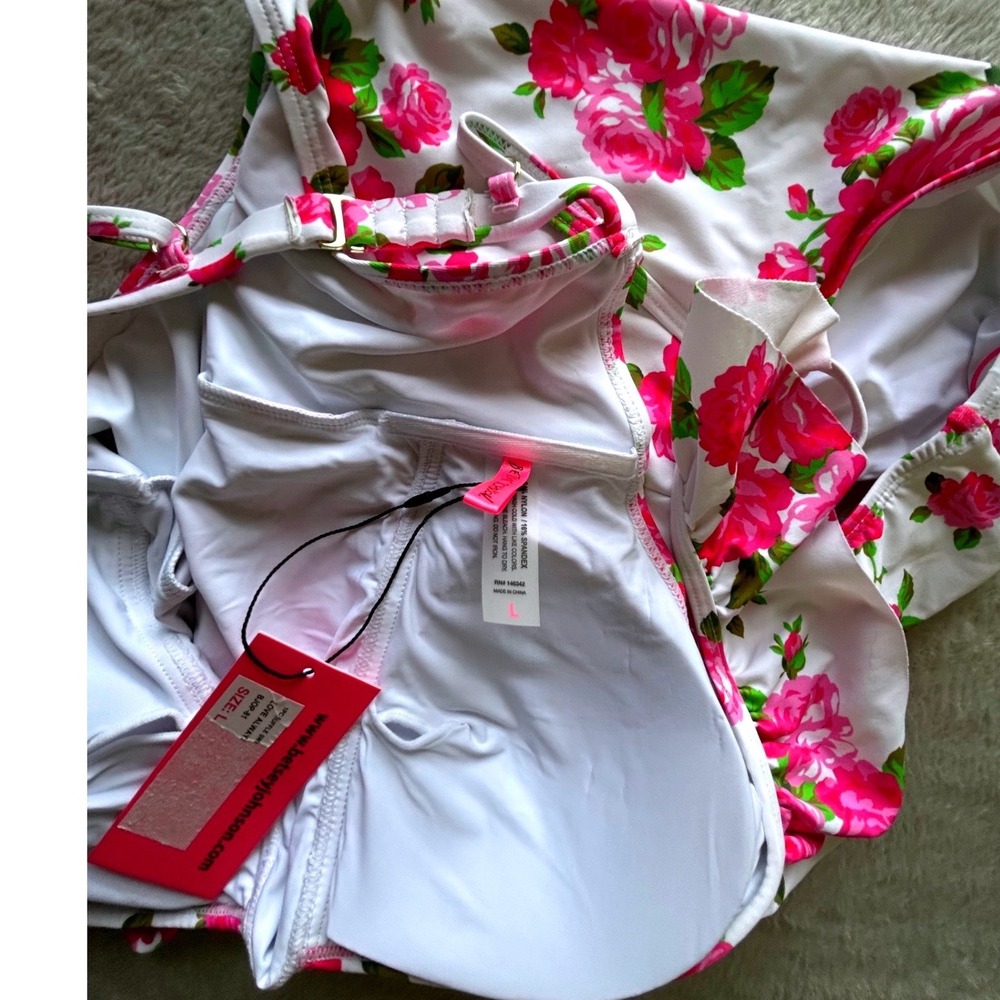 Betsey Johnson Womens White Pink Rose Floral Ruffle V-Neck One Piece Swimsuit L - Picture 4 of 6